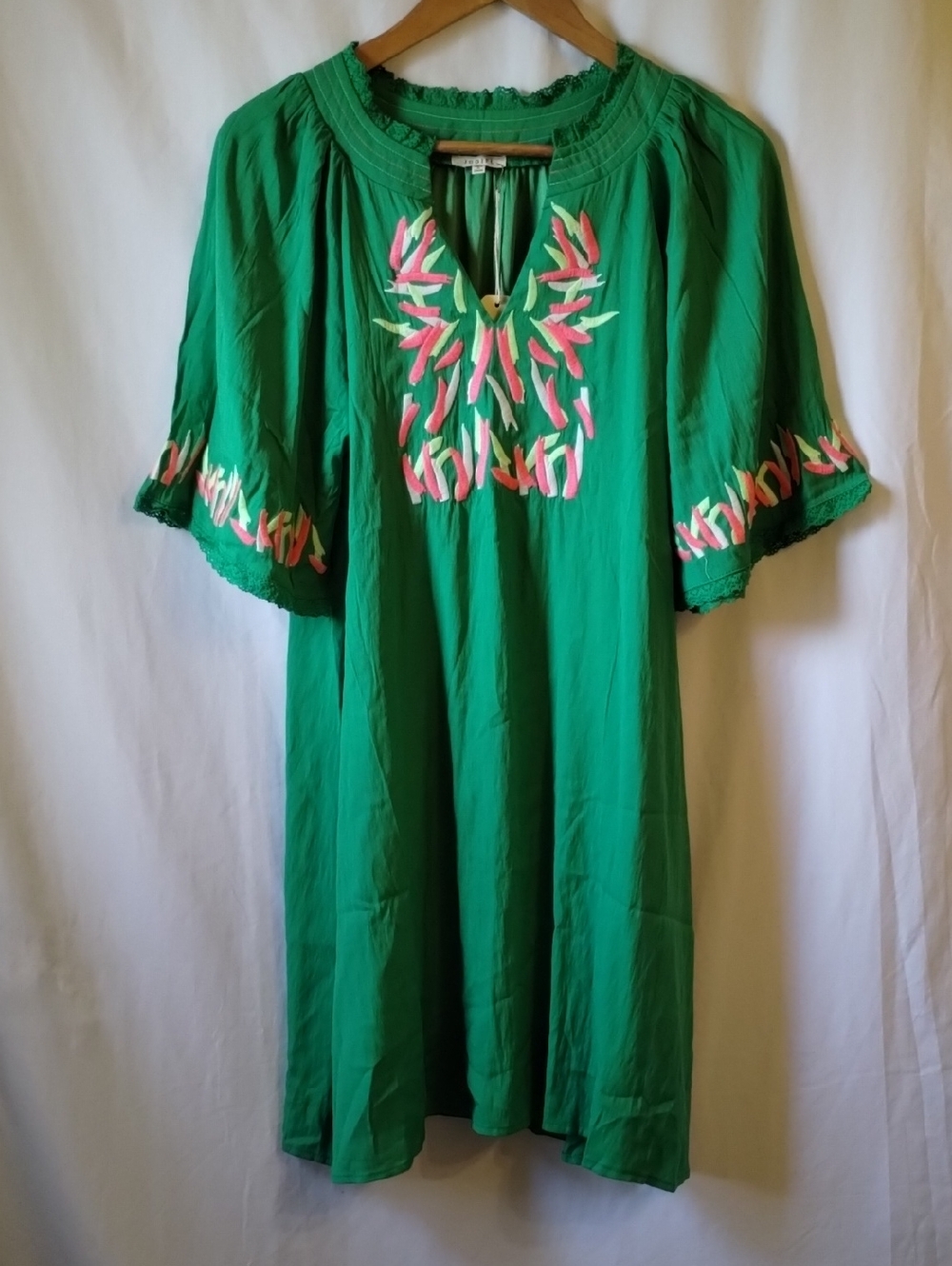 JODIFL Green Midi Dress with Pink & White Embroidery